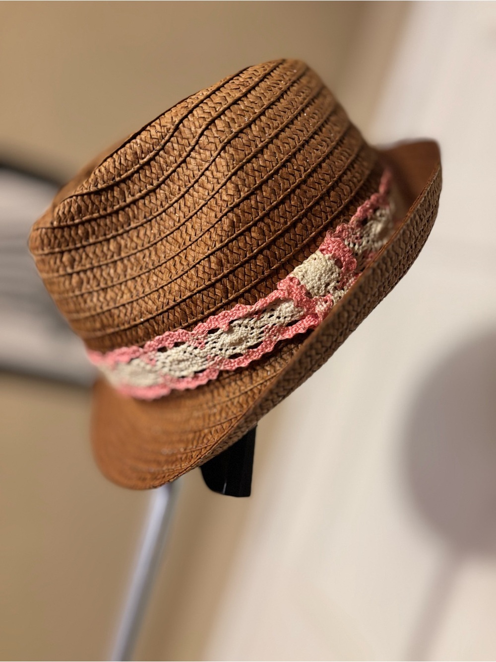 chatties Brown Straw Fedora with Pink & Cream Crochet Trim